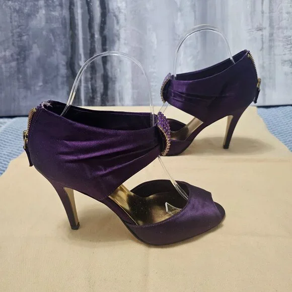 Nine West Purple Satin with Rhinestone Strappy High Heels - Size 6 - Picture 3 of 6